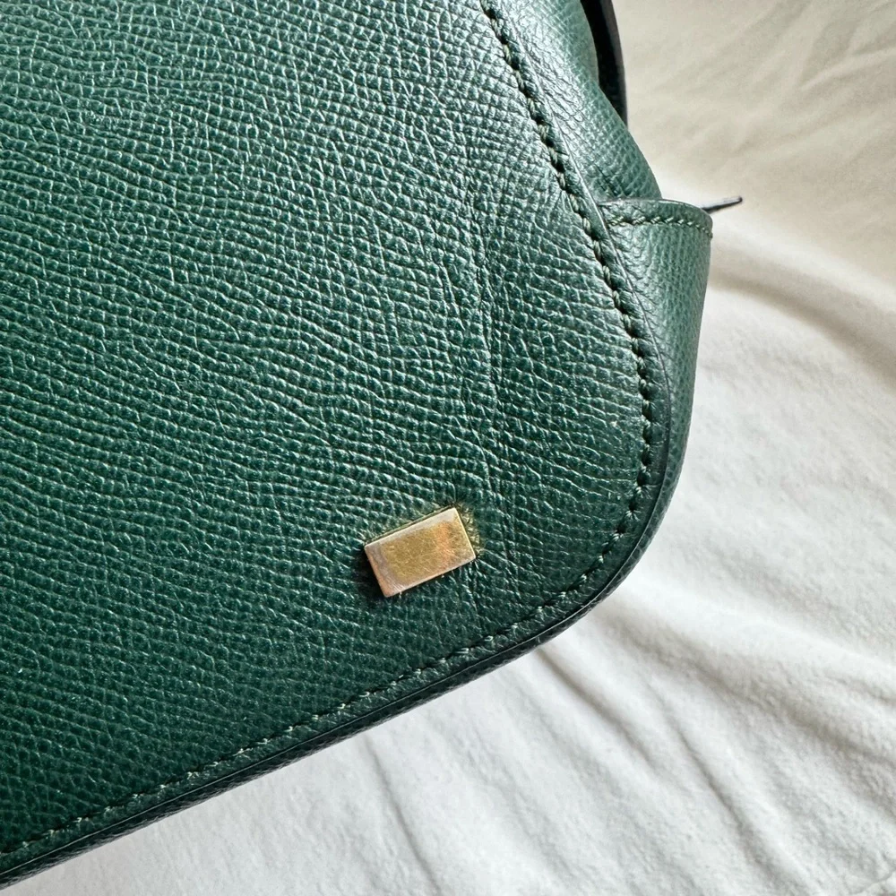 Vintage Celine Logo Plate Leather Tote Green Gold Hardware Authentic